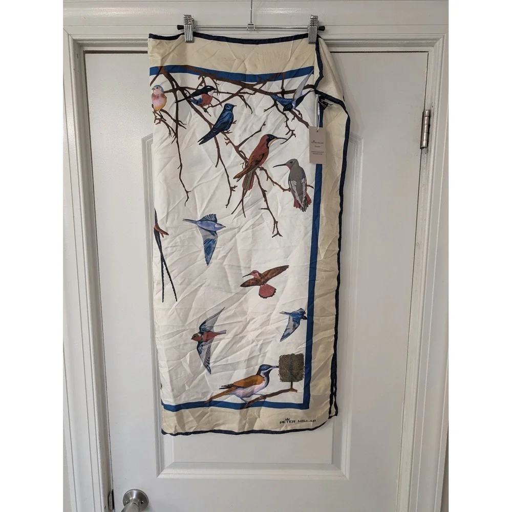 Peter Millar‎ Birds of a Feather Silk Scarf Ivory Navy Blue Made in Italy NEW